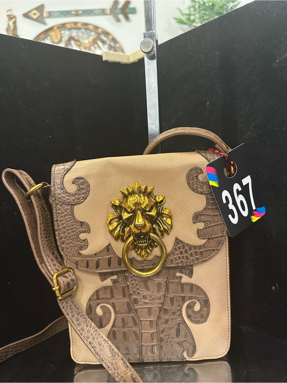 Sharif#367 Vintage 1827 Bag with Gold Lion Ring - Beige/Brown crossbody